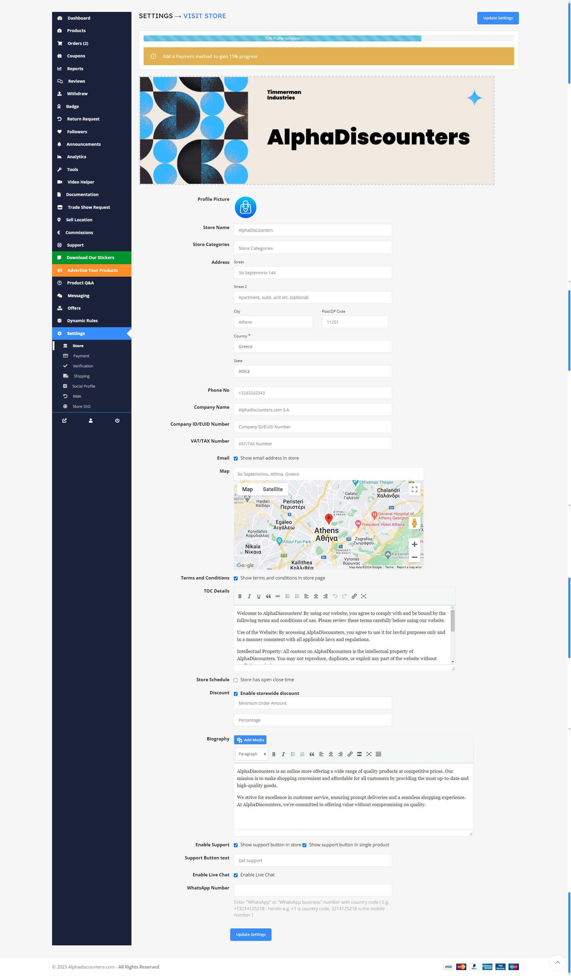 Vendor Dashboard Settings